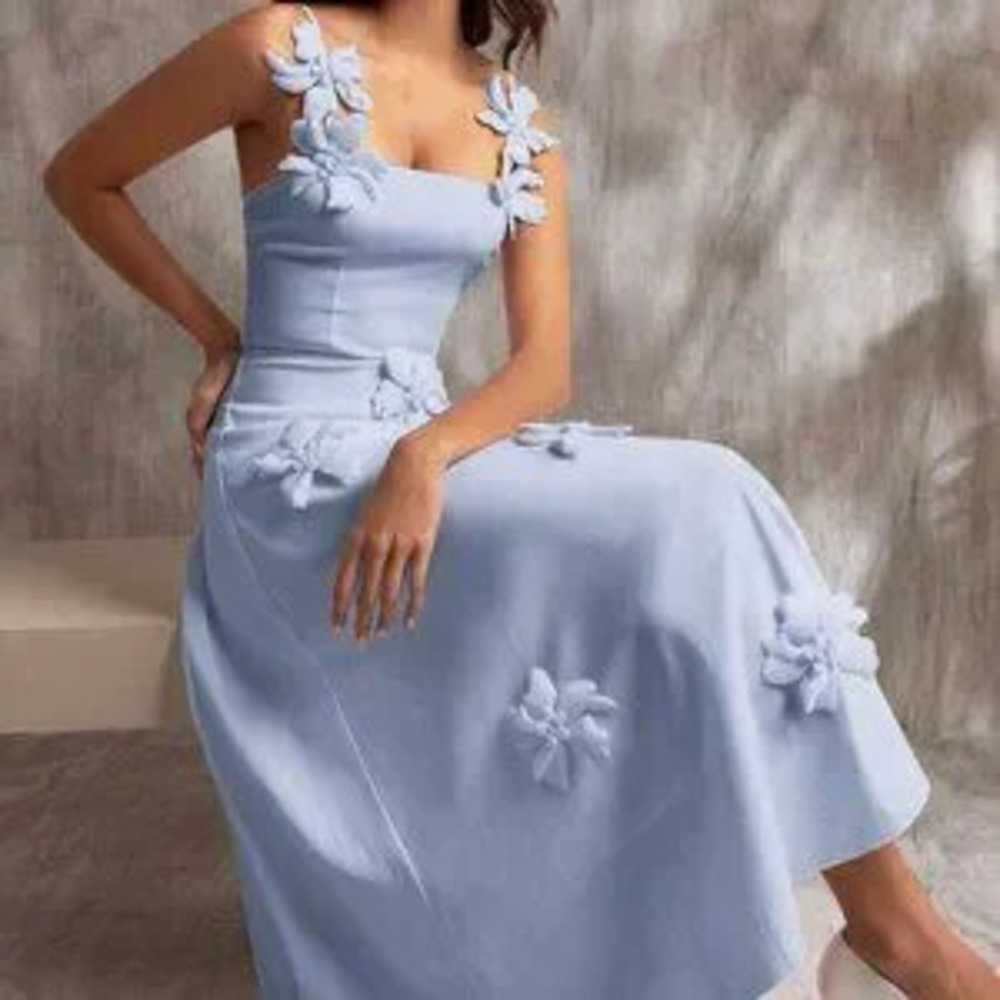 Dusty Blue Elegant Women's 3d Flower maxi dress